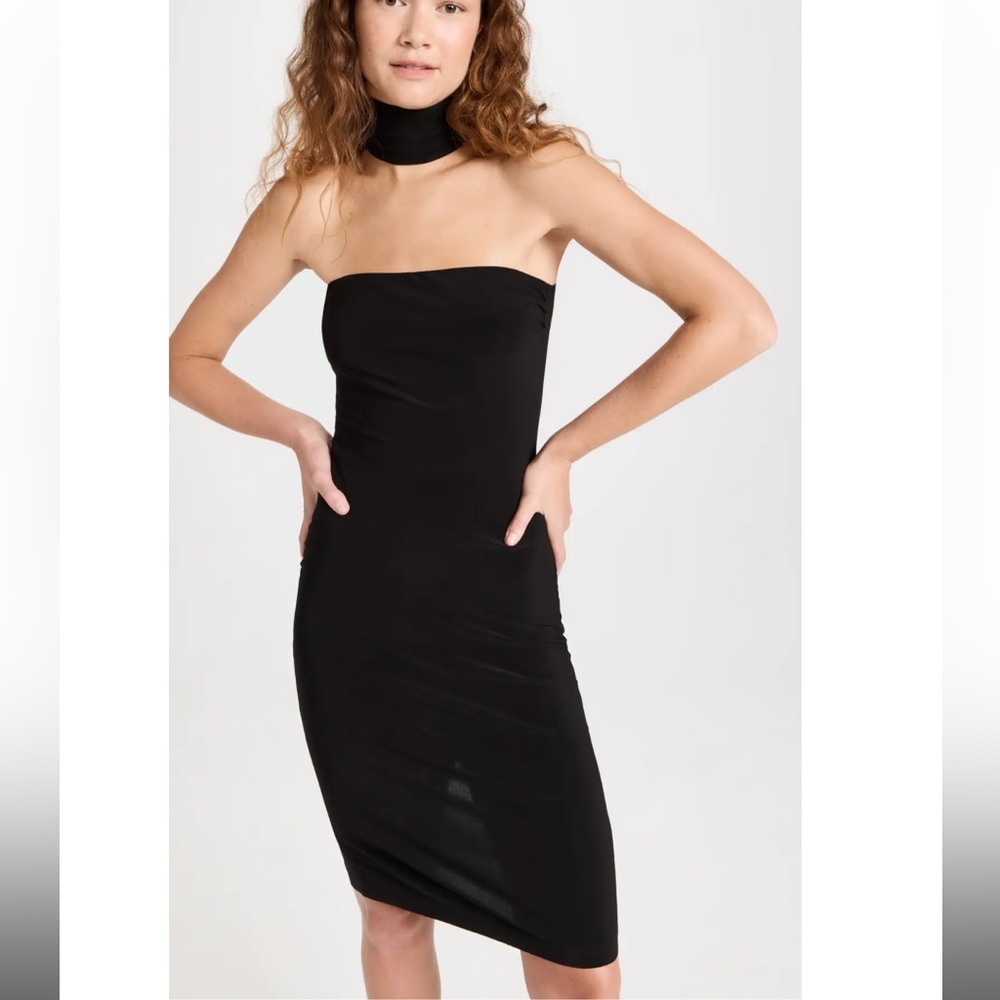 NWT Norma Kamali jersey black strapless turtle midi to knee dress